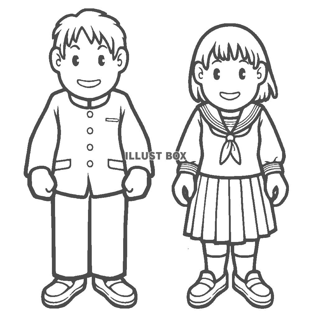 学生服を着た男の子と女の子の線画　正面向き
