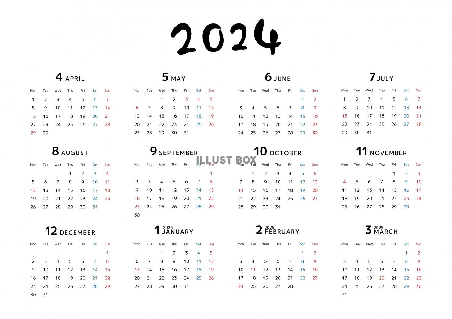 【4月始まり】シンプルな年間カレンダー2024年度版 ヨコ
