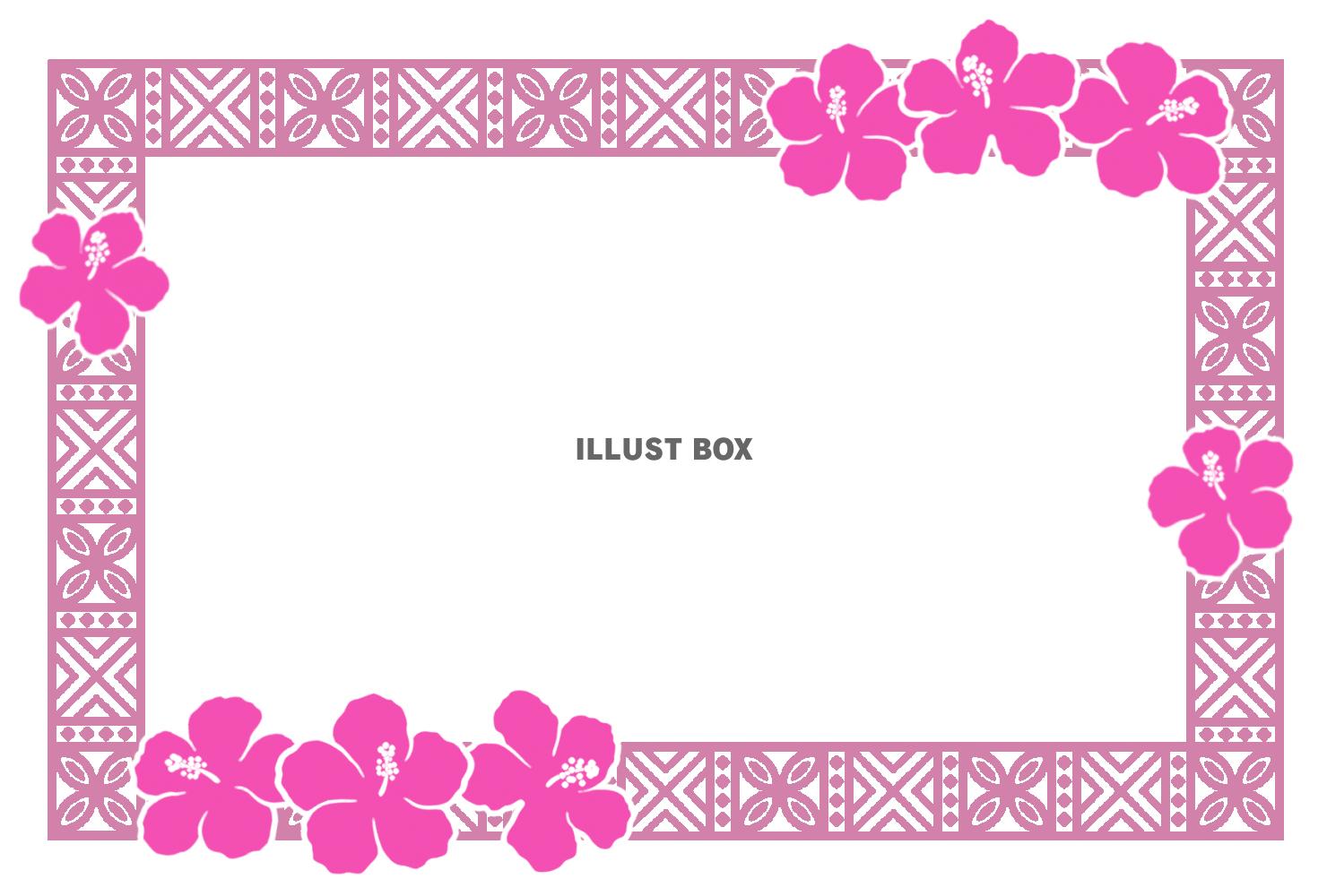ピンク色のハイビスカスとハワイ伝統模様風のフレーム