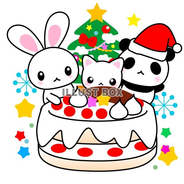 無料イラスト クリスマスケーキと仲良し動物達 うさぎ 猫 パンダ のイラス