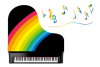 虹色模様のグランドピアノと音符記号のイラストPNG透過