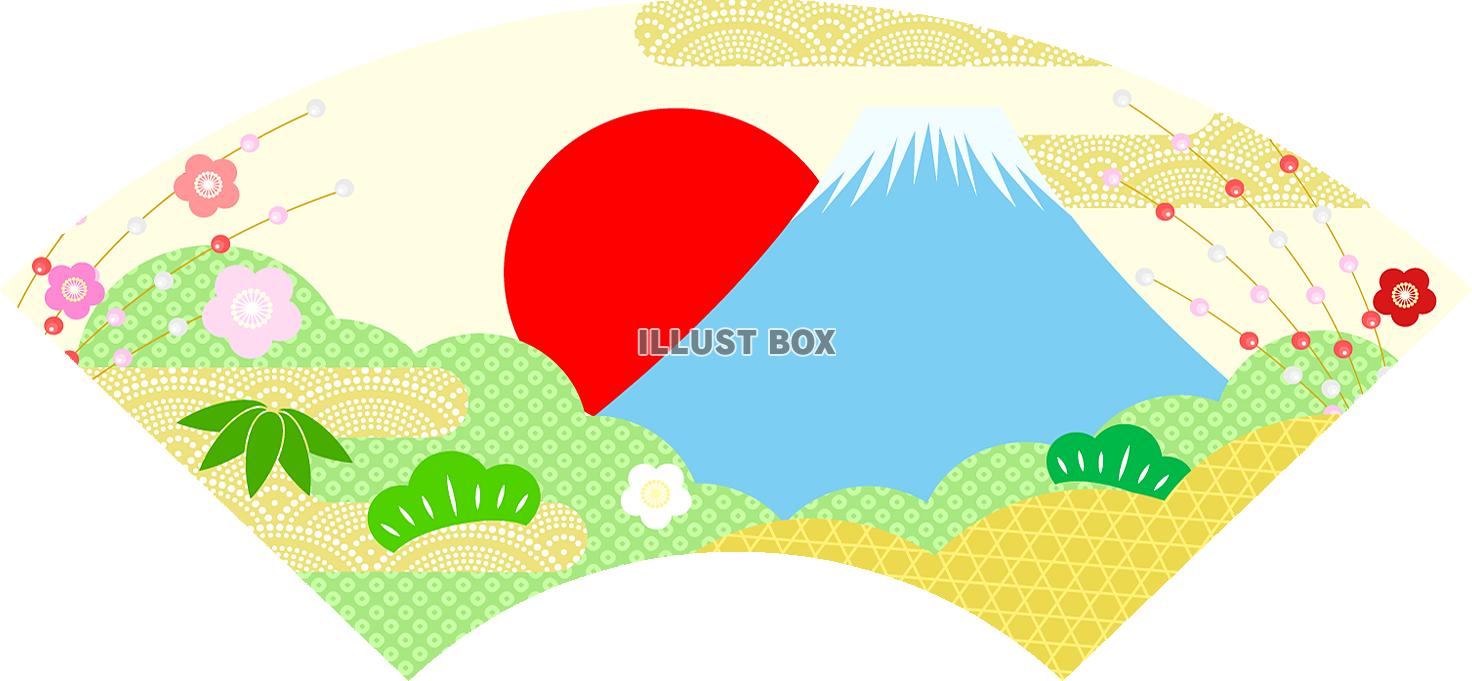 無料イラスト 扇子飾り年賀状に 富士山 日の出柄