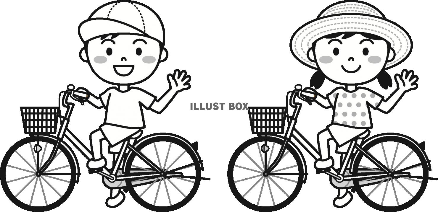 無料イラスト 夏の子供 自転車 モノクロ