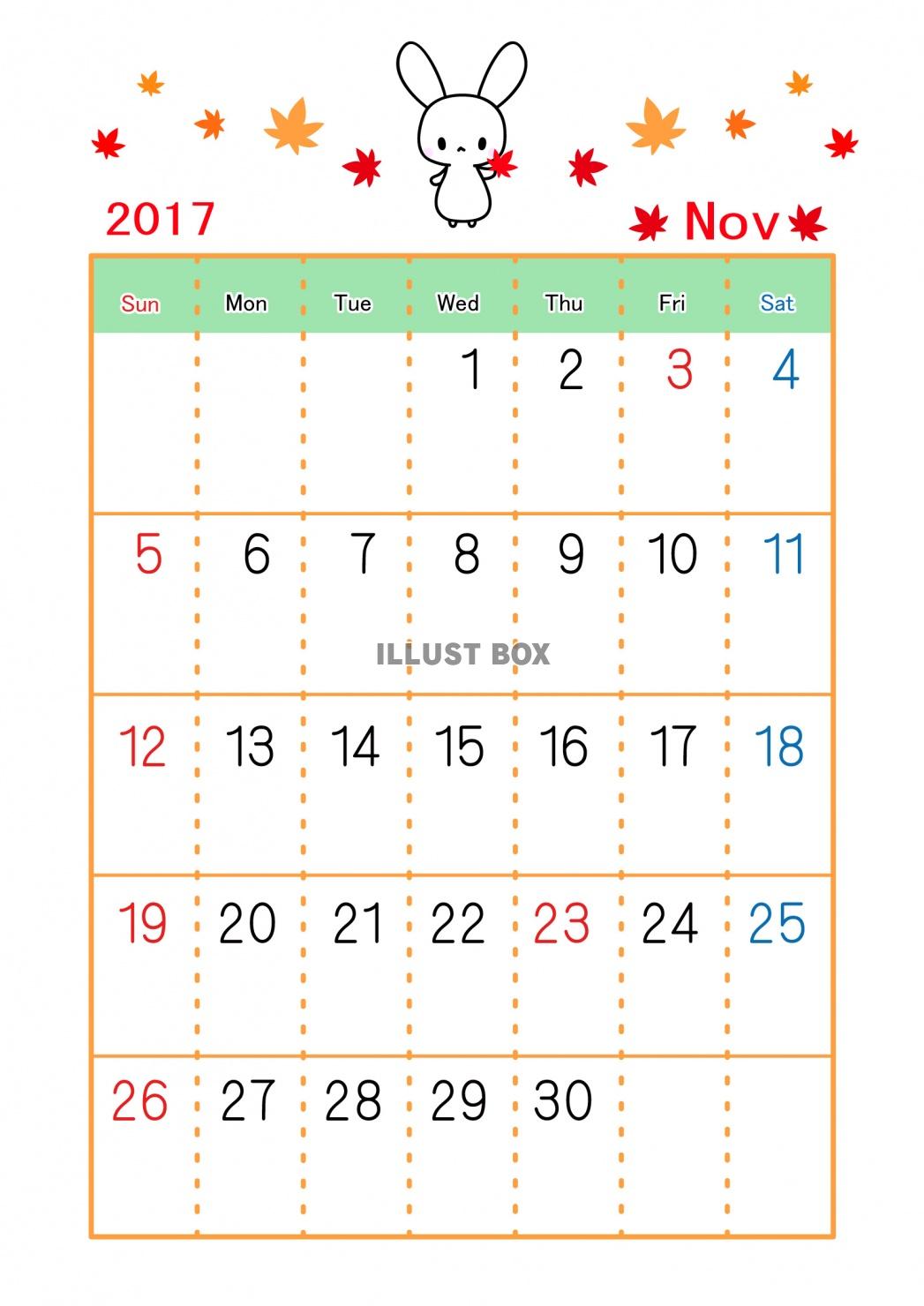 無料イラスト 2017年11月うさぎカレンダー