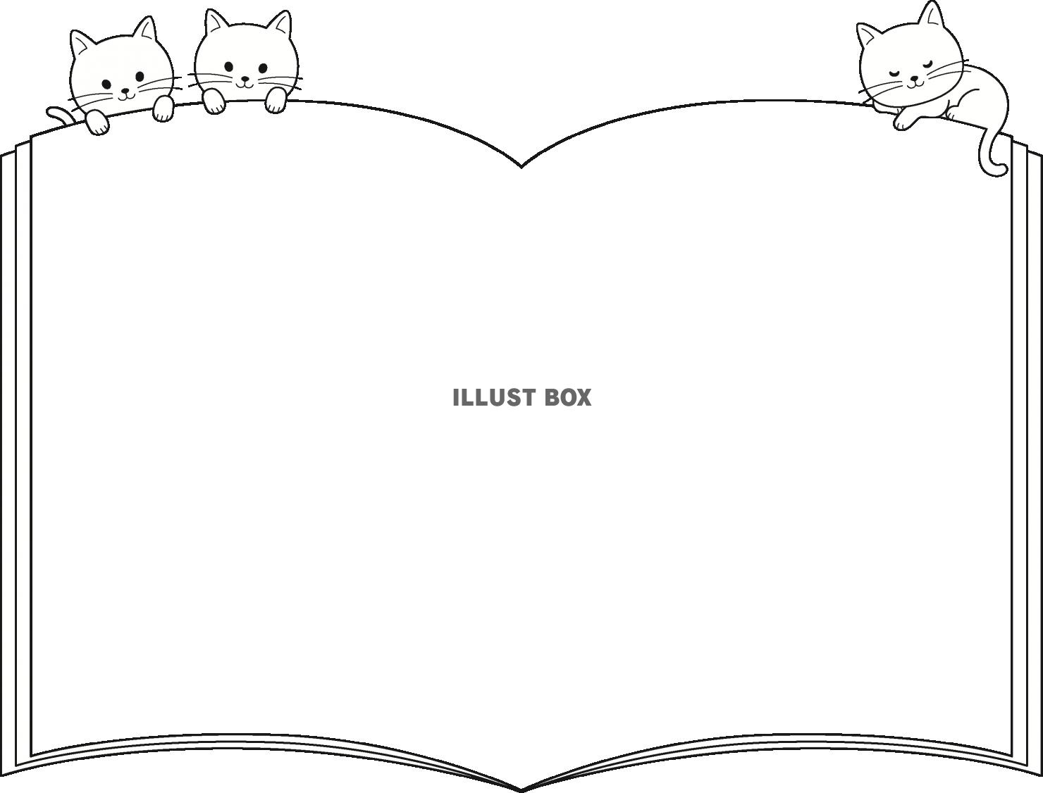 無料イラスト 大きな本のモノクロフレーム 猫