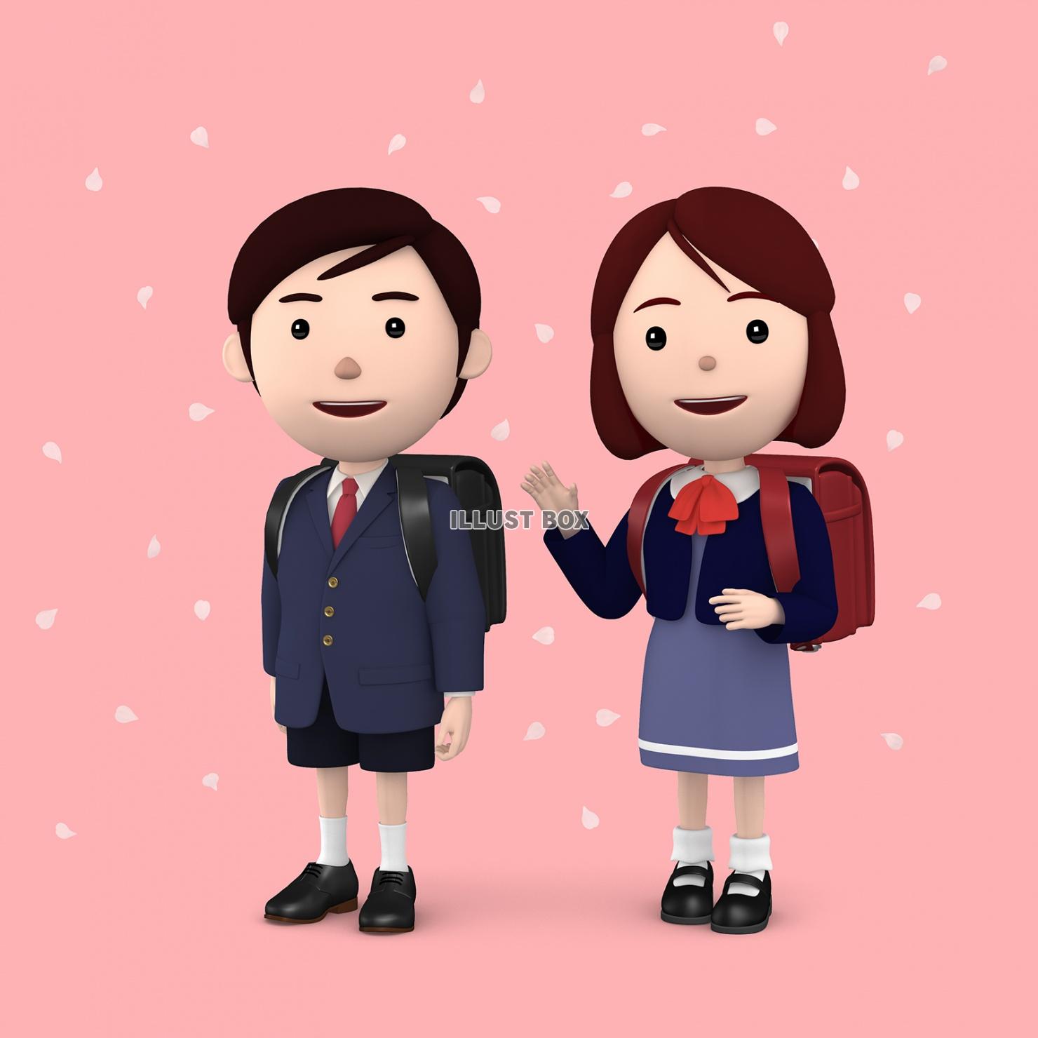 無料イラスト 小学生 入学式の男の子と女の子02ピンク