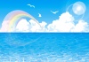 空入道雲かもめカモメ海波模様背景素材壁紙8月ビーチ虹色レインボーカラー7色にじ七