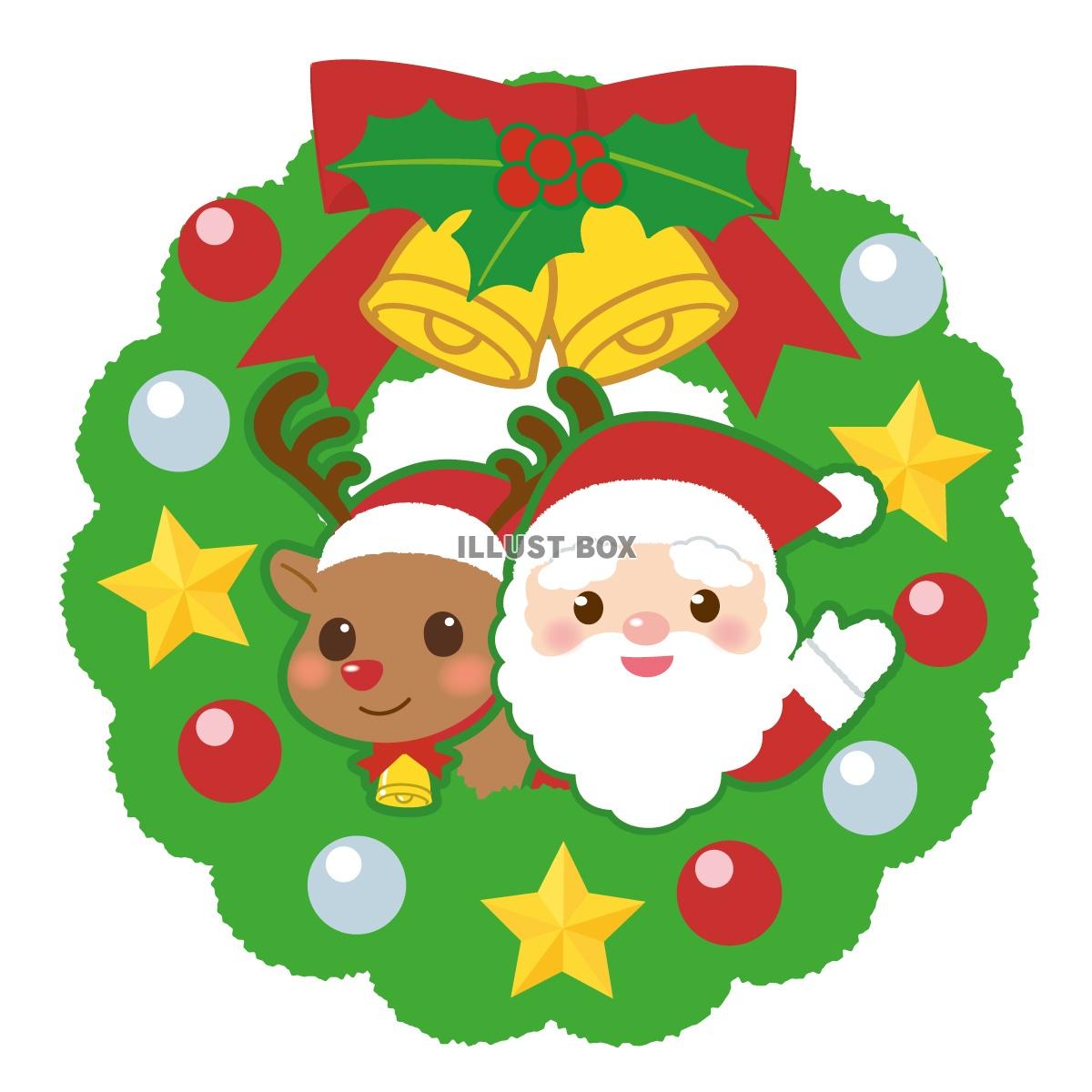 クリスマスリース サンタとトナカイ：イラスト無料