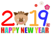 イノシシイラストをあしらった2019ロゴとHAPPY NEW YEAR年賀状