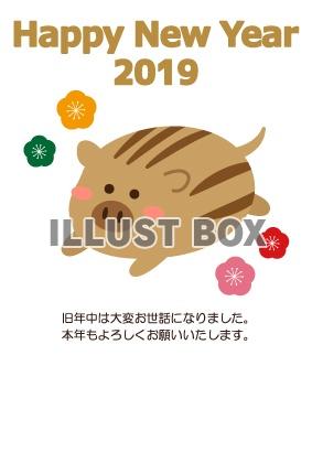 猪（ウリ坊）とカラフルな梅の年賀状