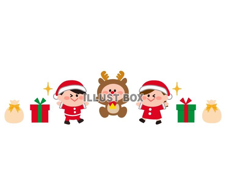 クリスマスの仮装をした子どもとプレゼントのイラスト