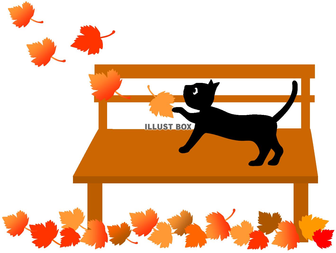 無料イラスト 秋のベンチとねこ 紅葉 落ち葉 プラタナス 公園 猫 ネコ