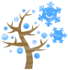 手描き風笑顔の雪の結晶と冬の木