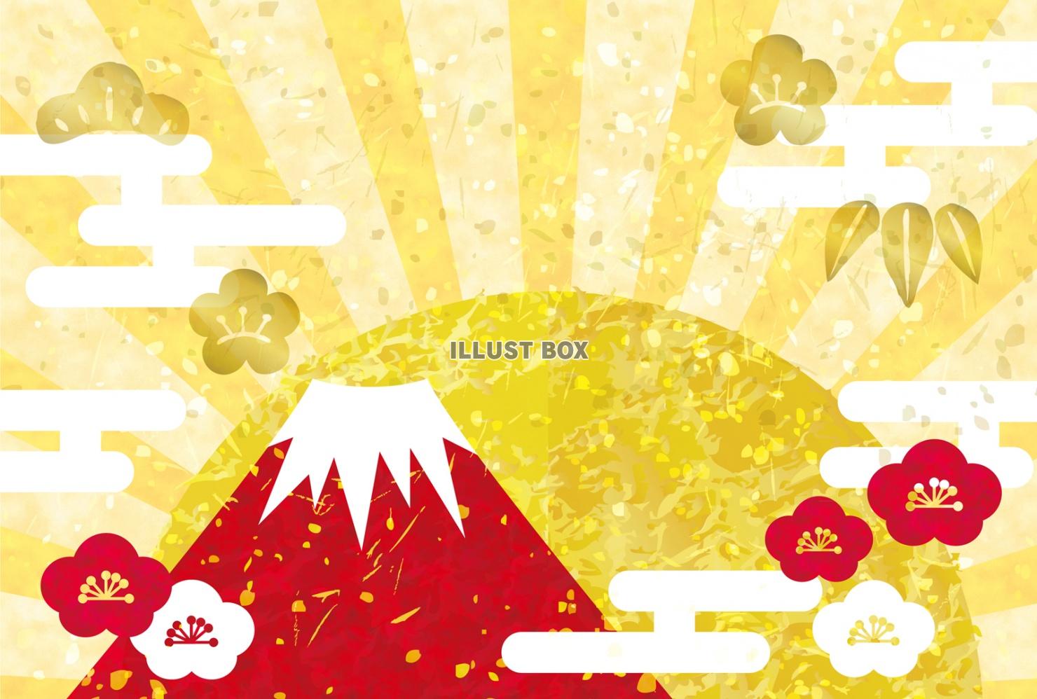 無料イラスト 赤富士 富士山 初日の出 年賀状 背景 正月 フレーム 謹