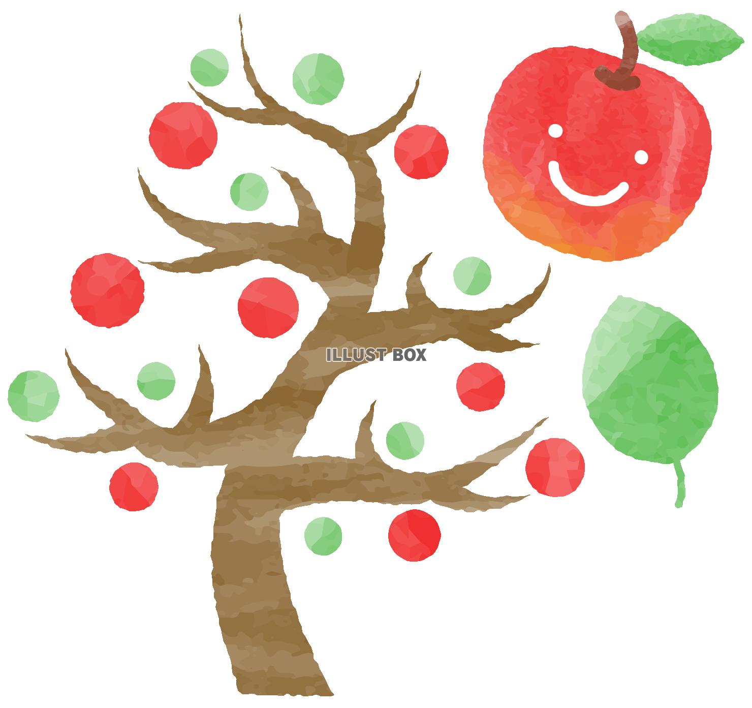 無料イラスト 手描き風笑顔のリンゴとリンゴの木