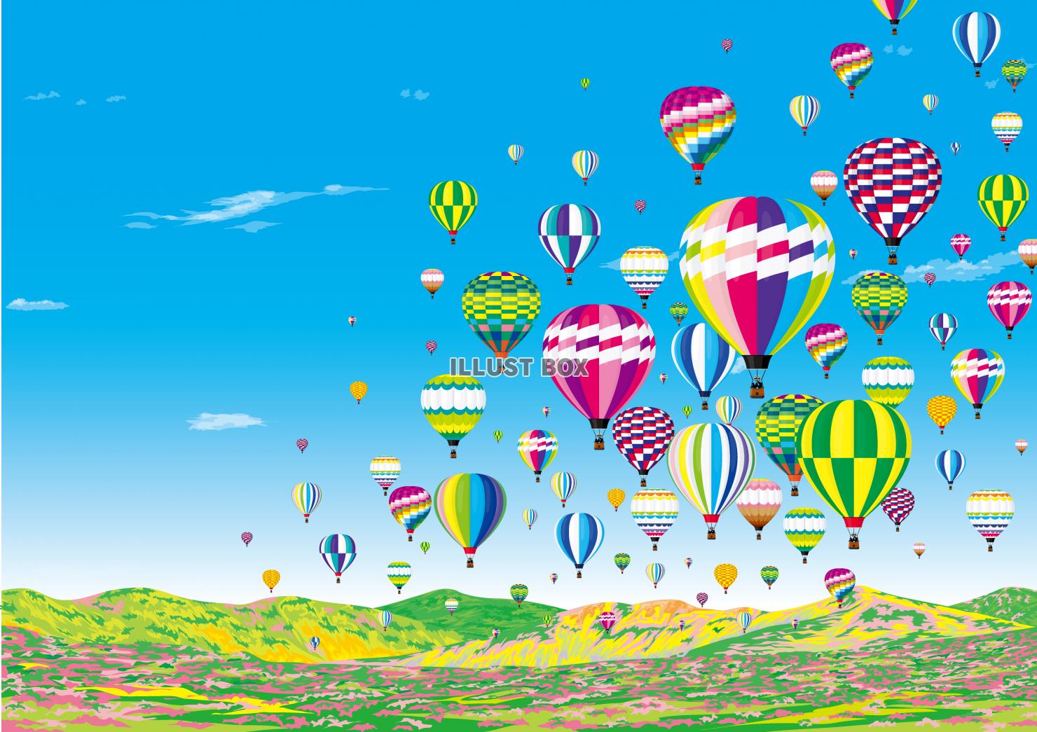 無料イラスト 気球が大空に浮かぶ春の高原
