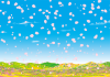 桜の花びらがが青空に舞う春の高原