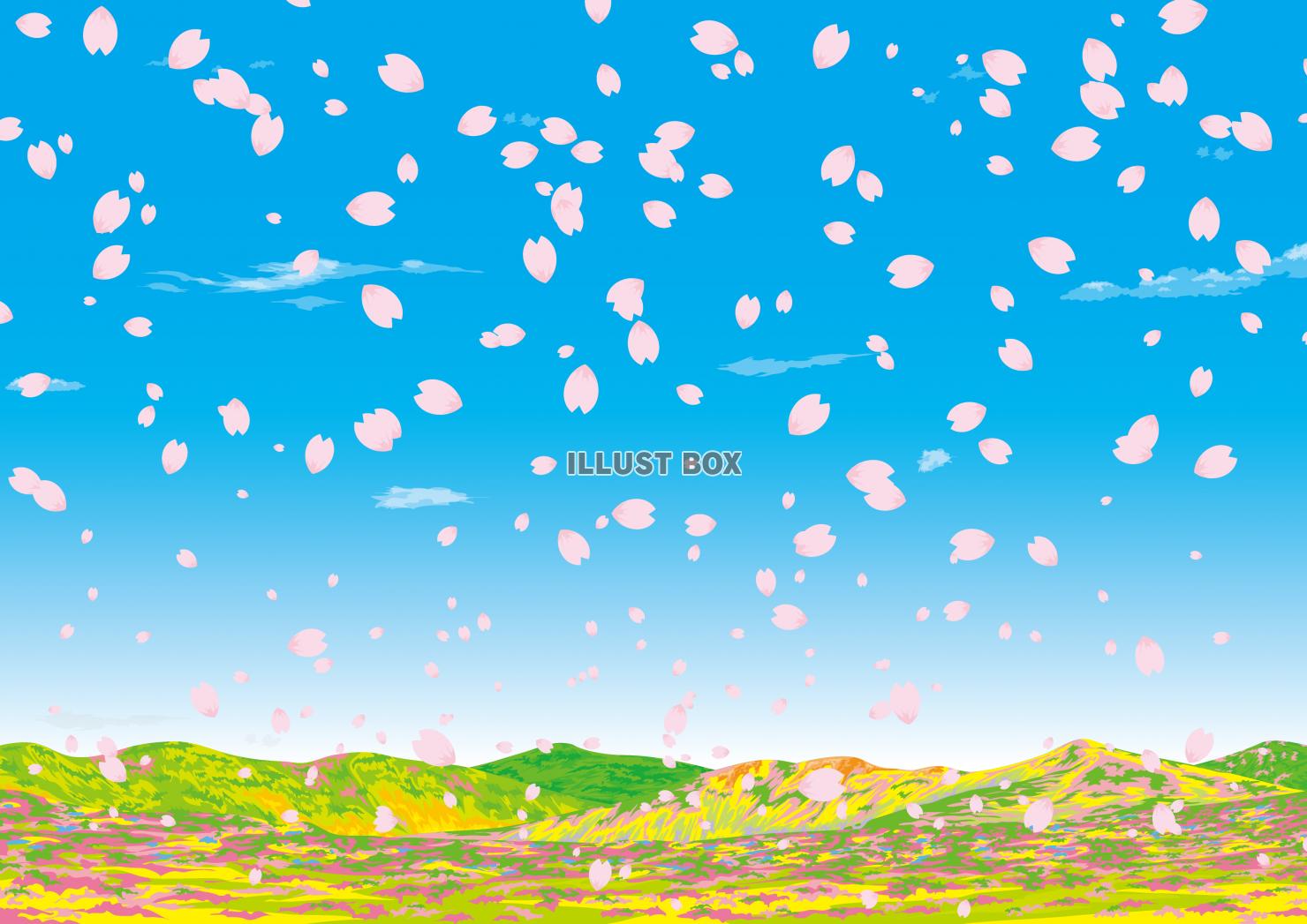 無料イラスト 桜の花びらがが青空に舞う春の高原