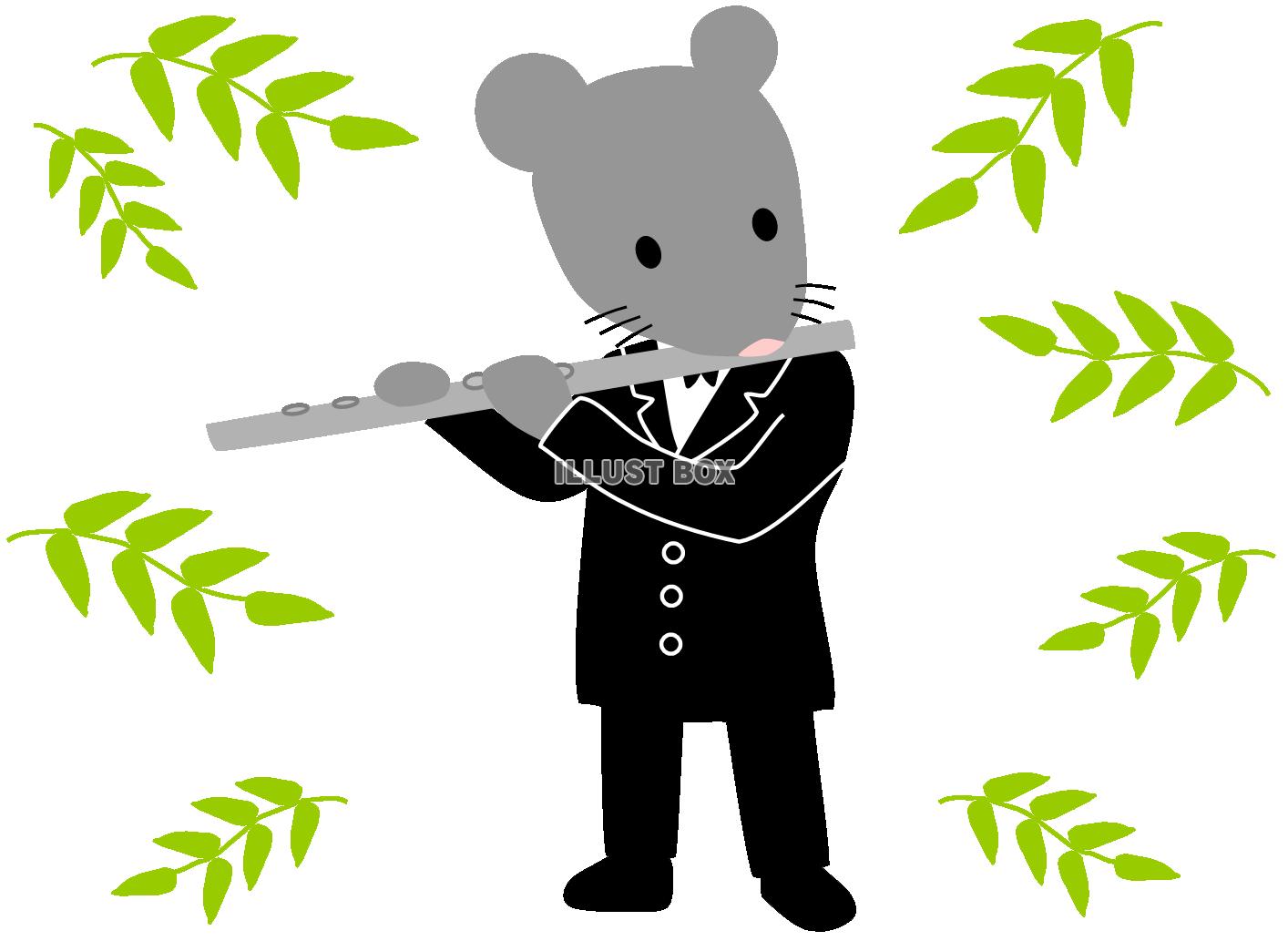 無料イラスト フルートを吹くねずみと葉っぱ 楽器を演奏する動物 ネズミ