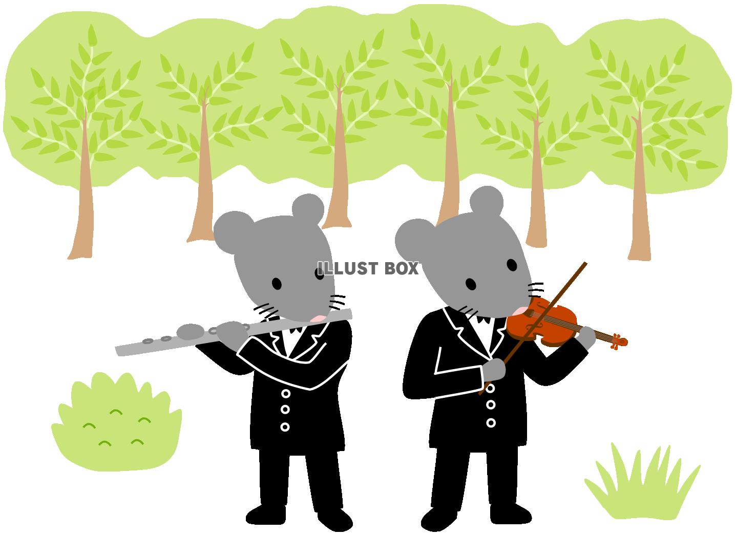 無料イラスト 森でフルートとバイオリンを演奏するねずみ 動物 ネズミ