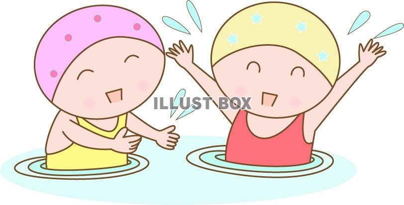 無料イラスト プール 川 海で水遊びをする子どもたち