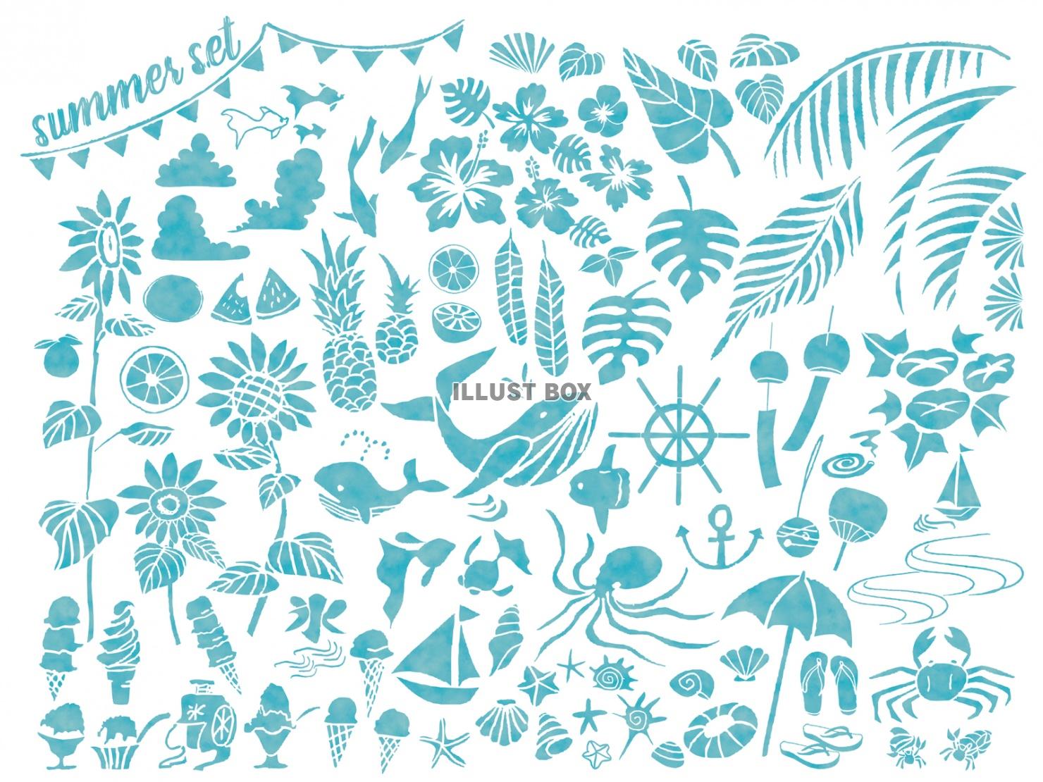 無料イラスト 夏イラスト手書きアイコンシルエット花動物和風水彩和ひまわり青