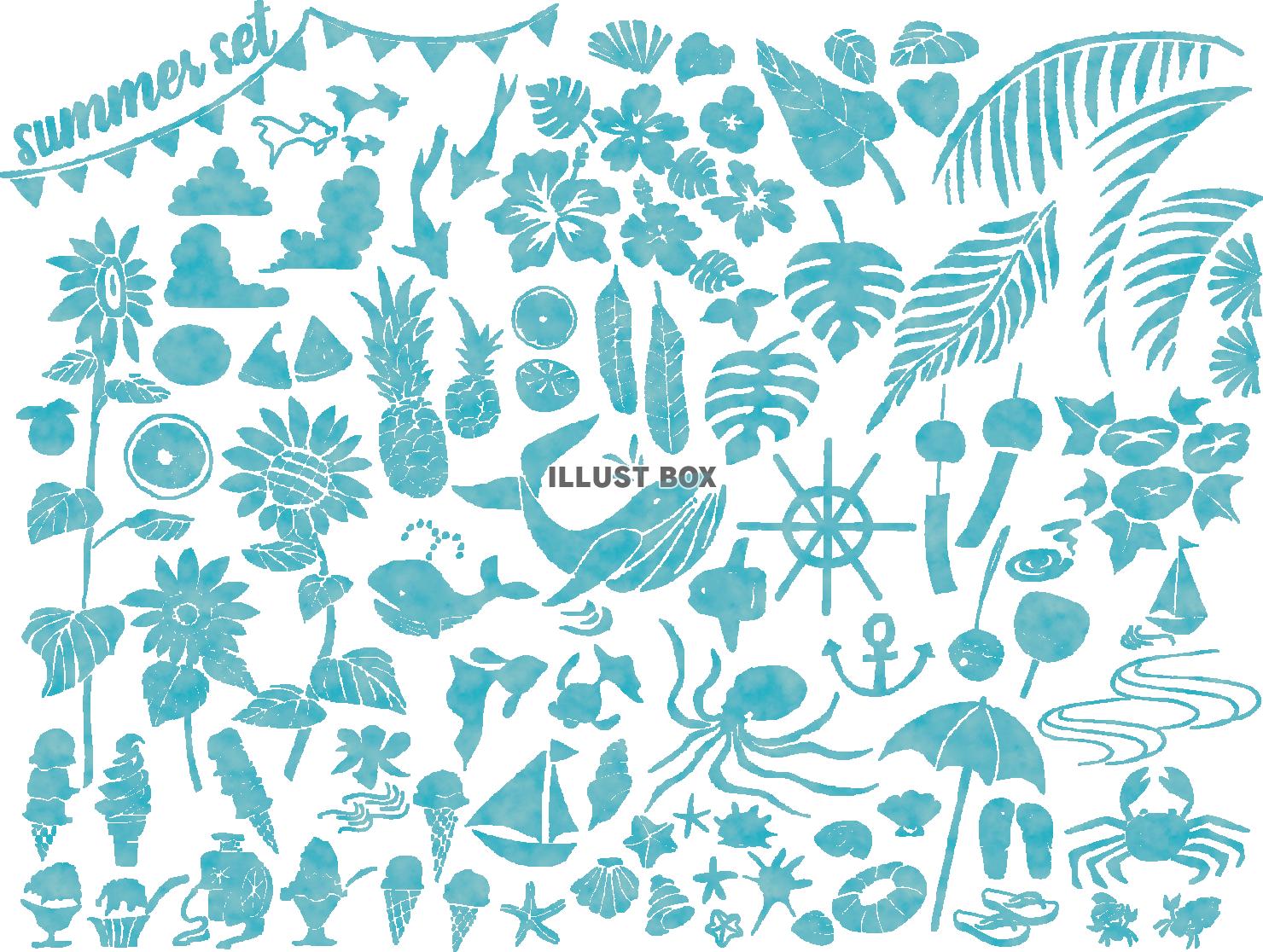 無料イラスト 夏イラスト手書きアイコンシルエット花動物和風水彩和ひまわり青
