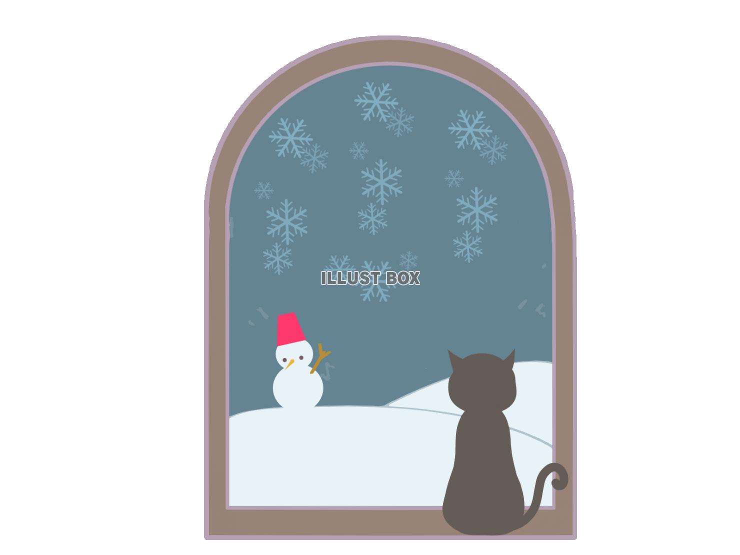 無料イラスト 窓から雪景色を見る猫のイラスト
