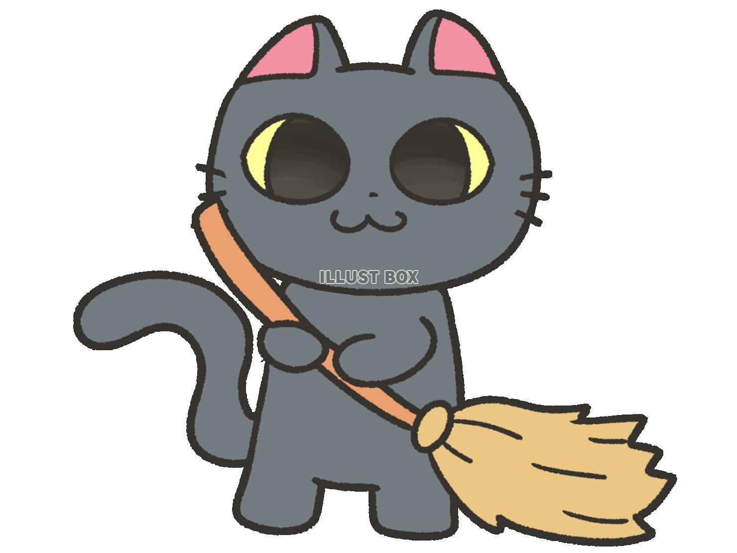無料イラスト 掃除するかわいい黒猫 ほうき