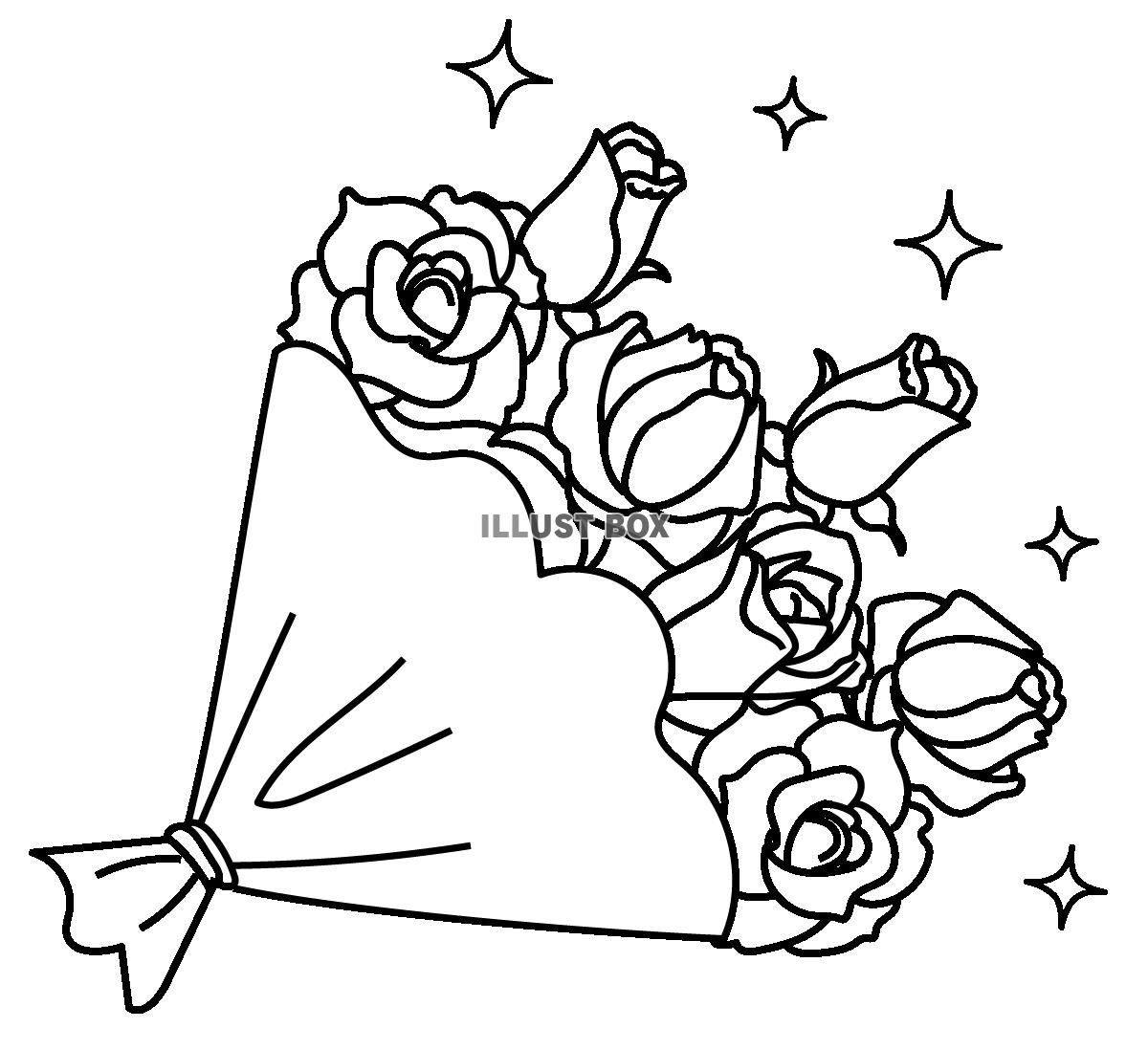 無料イラスト 透過 手書きのバラの花束のイラスト 白黒モノクロ線画