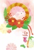 子年　年賀状テンプレート091　(干支飾り、ツバキ、松竹梅、正月飾り、水彩風)