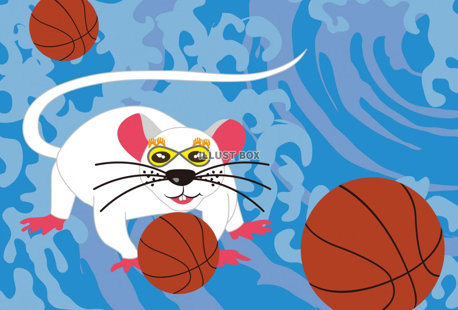 無料イラスト ネズミとバスケットボールのイラスト 年バスケの年賀状