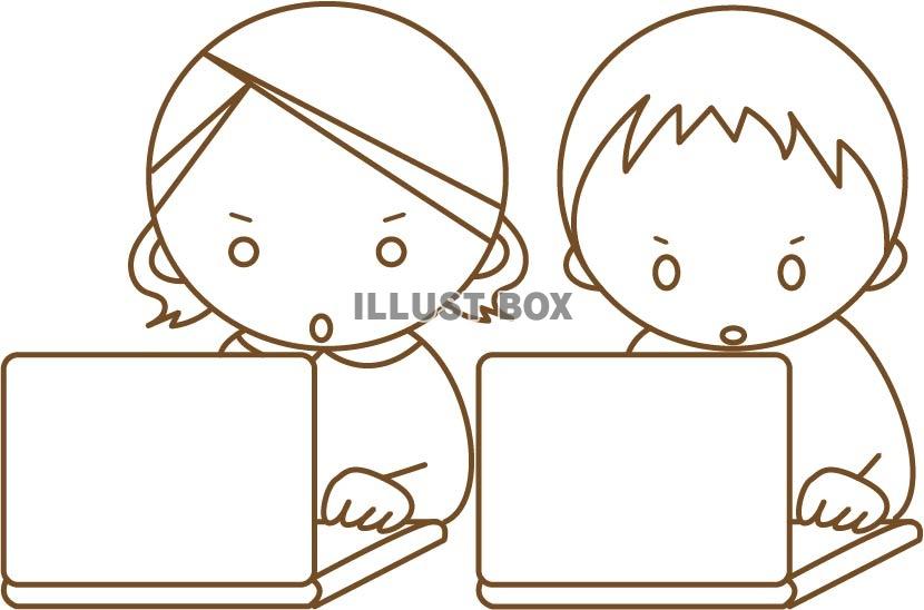 パソコンをする子どもたちの線画イラスト