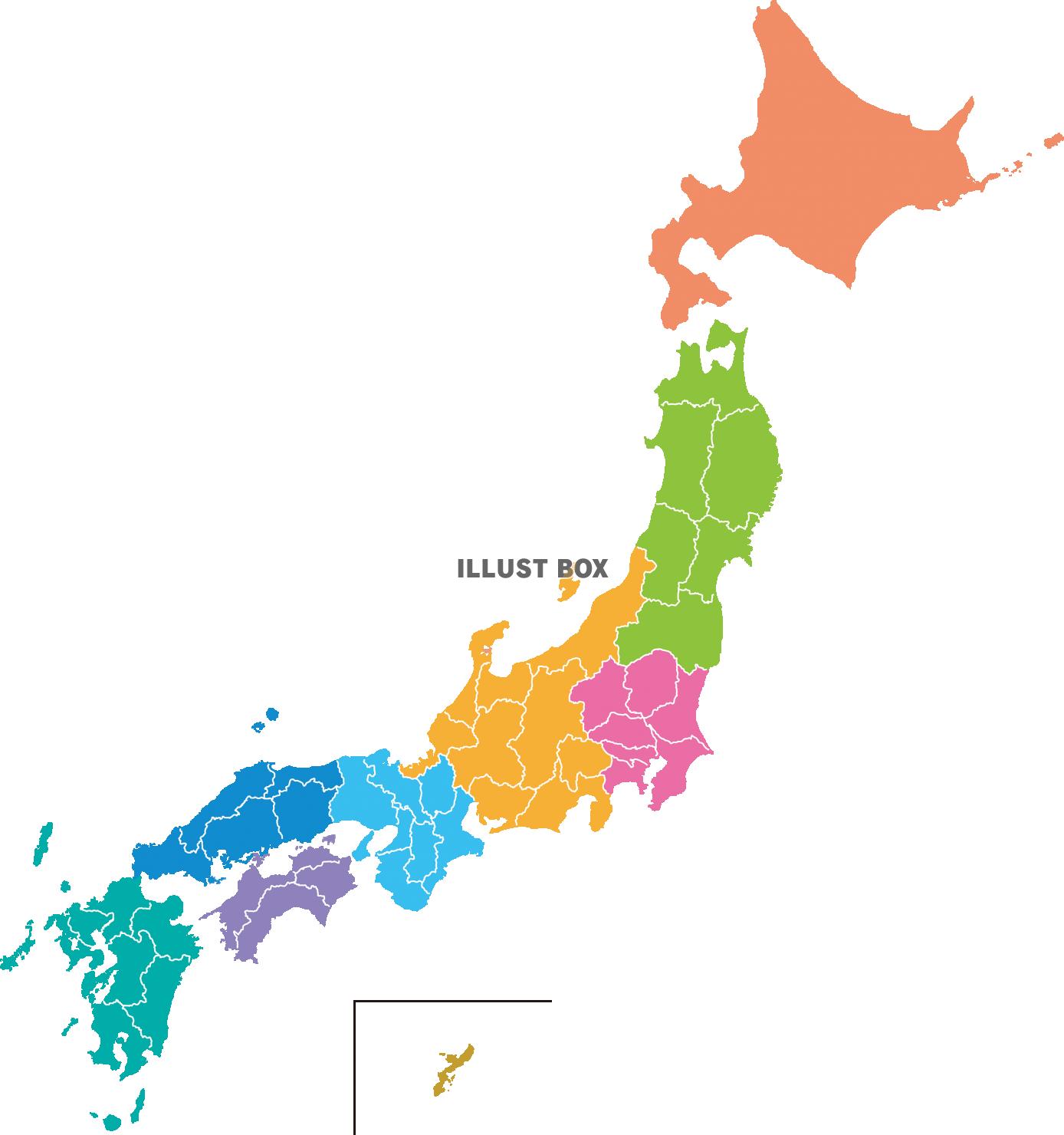 無料イラスト 日本地図 地方区分 46都道府県 境界線あり