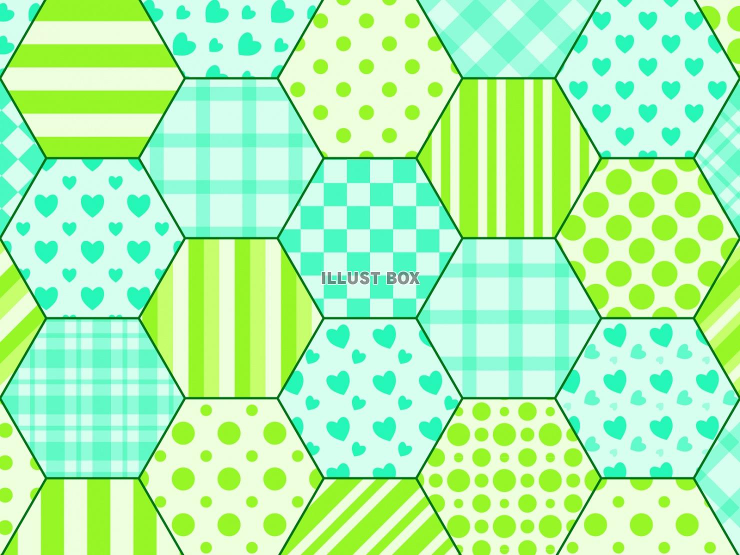 無料イラスト 六角形パッチワーク 青緑 黄緑