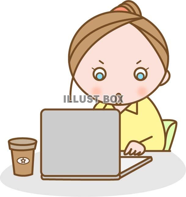 無料イラスト パソコンをする外国人の女性