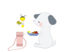 お弁当を食べる犬とハチのイラスト