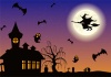 ハロウィン　箒に乗って飛ぶ魔女と満月