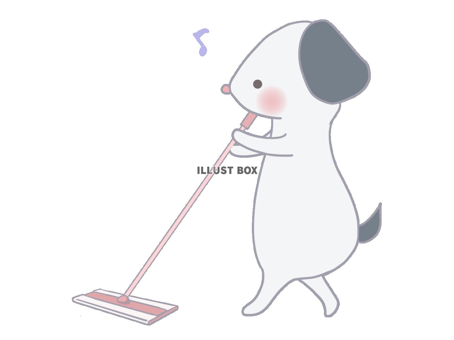 無料イラスト フローリングワイパーで掃除をする犬