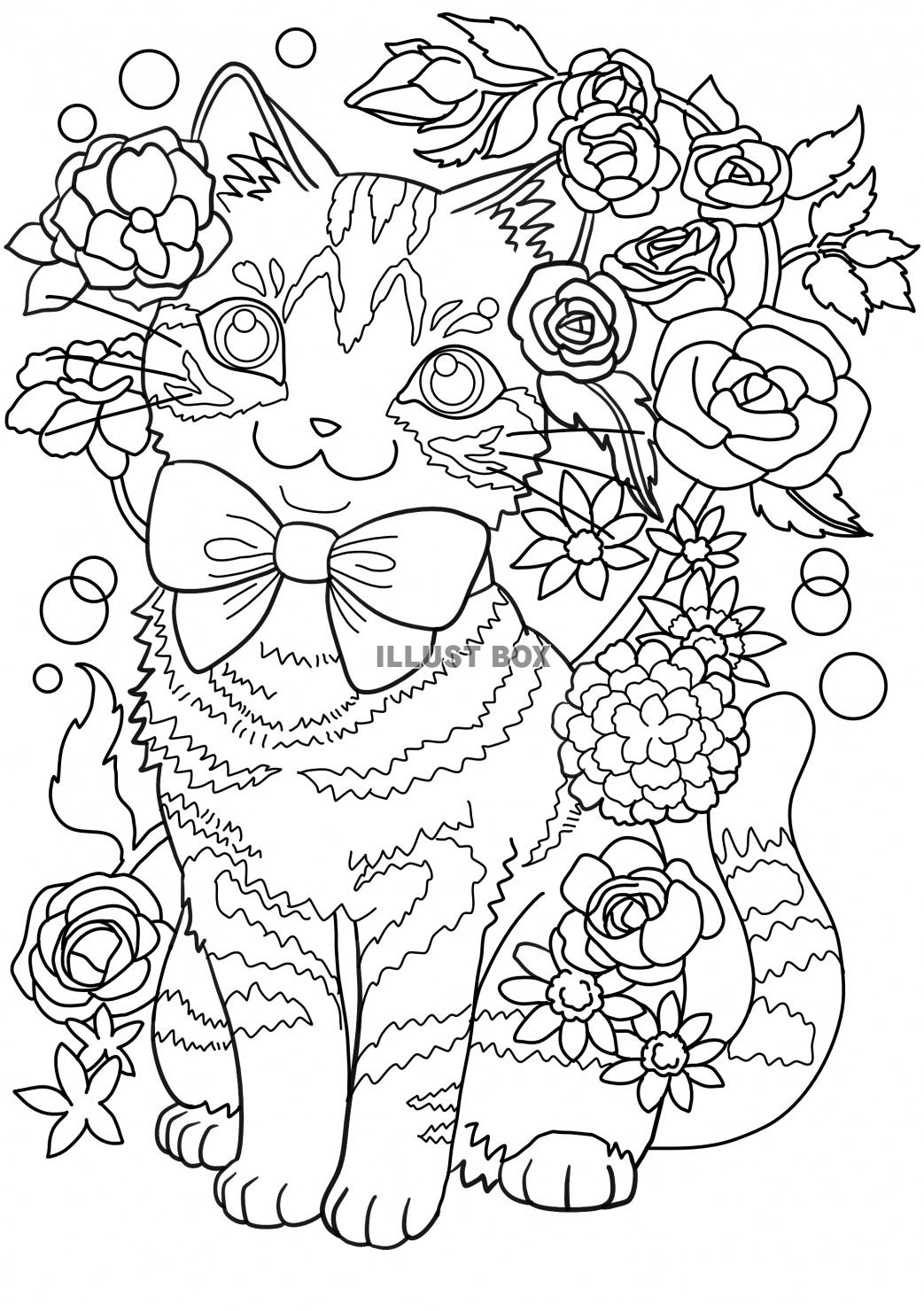 無料イラスト リボンと花をつけたお座りしている猫の塗り絵