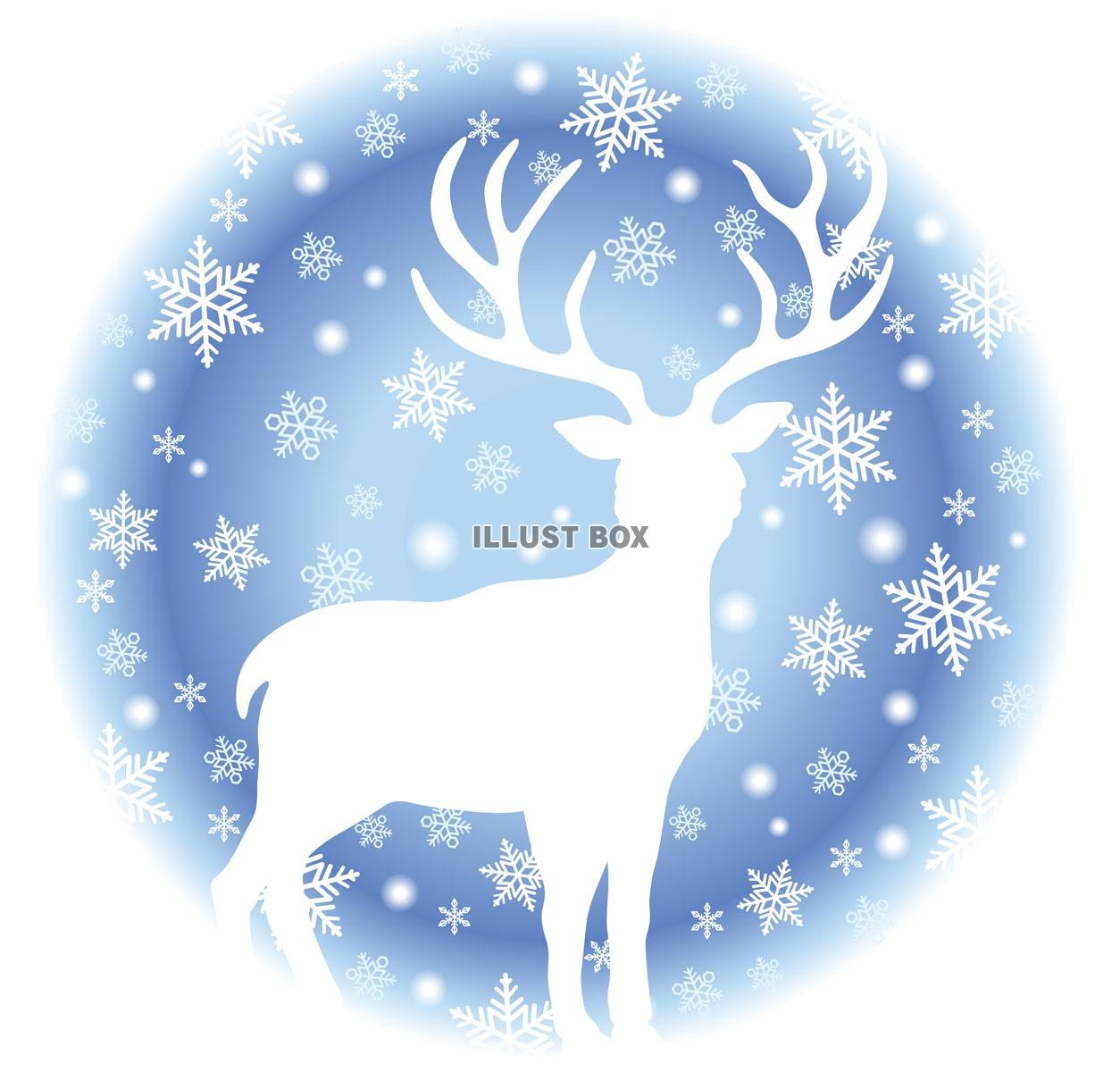 無料イラスト クリスマスのシンボル 丸い雪の背景とトナカイのシルエット