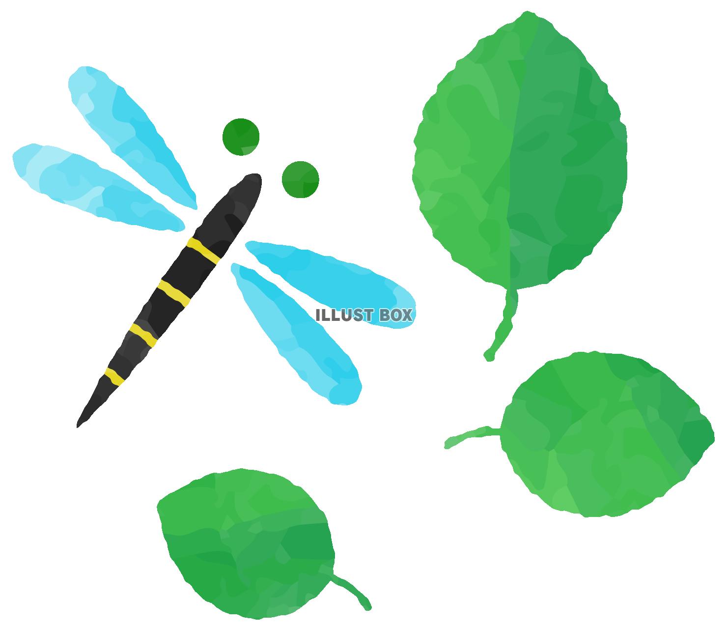 無料イラスト シンプルなオニヤンマと緑の葉
