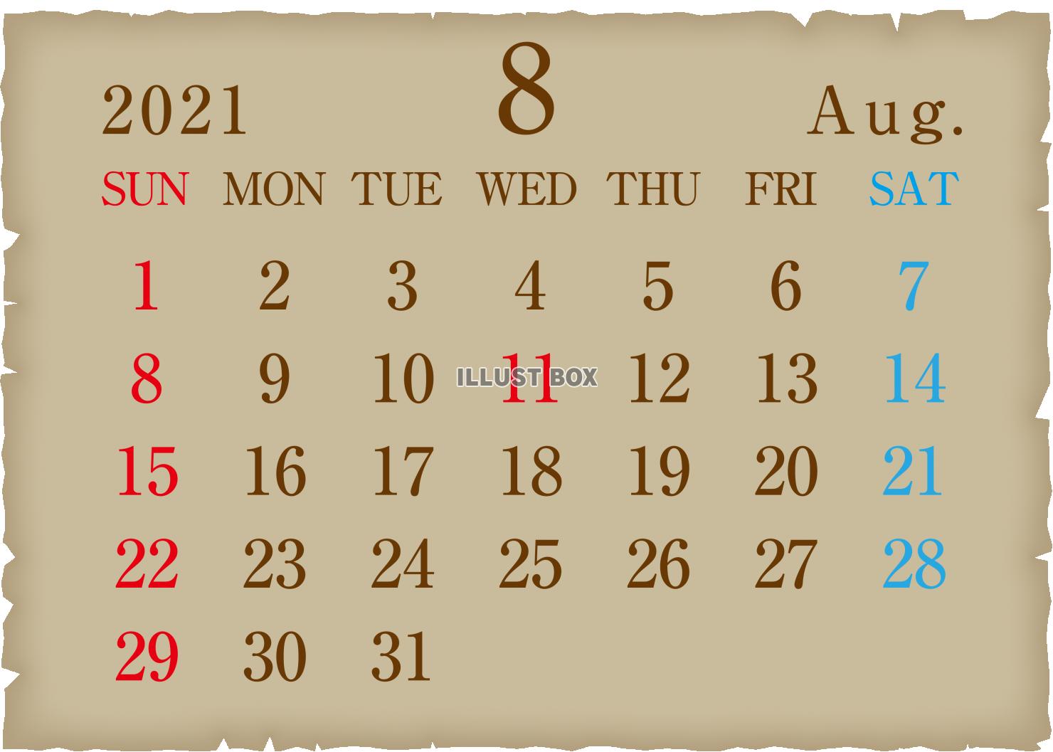2021年　カレンダー　8月 : イラスト無料