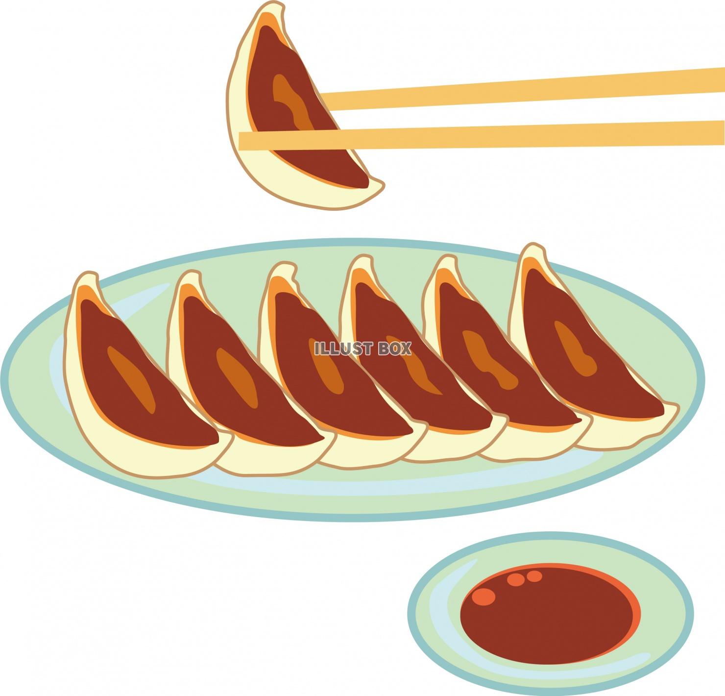 無料イラスト 皿にのったギョーザを箸で食べる所のイラスト
