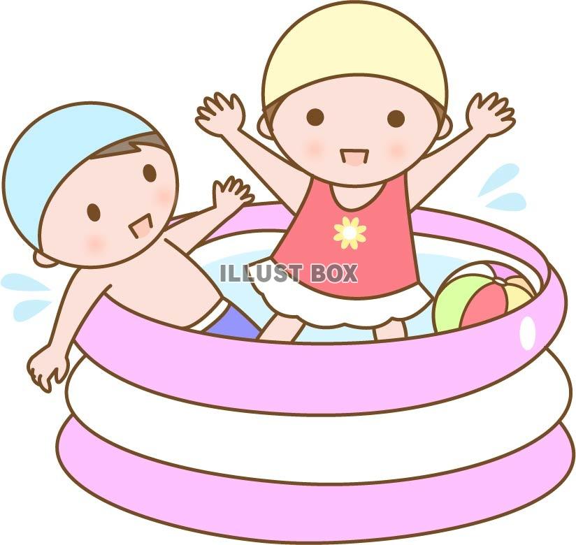 無料イラスト プールで水遊びをする子どもたち