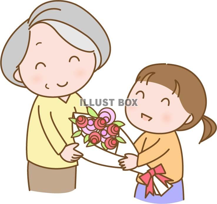 無料イラスト おばあちゃんに花束を渡す孫