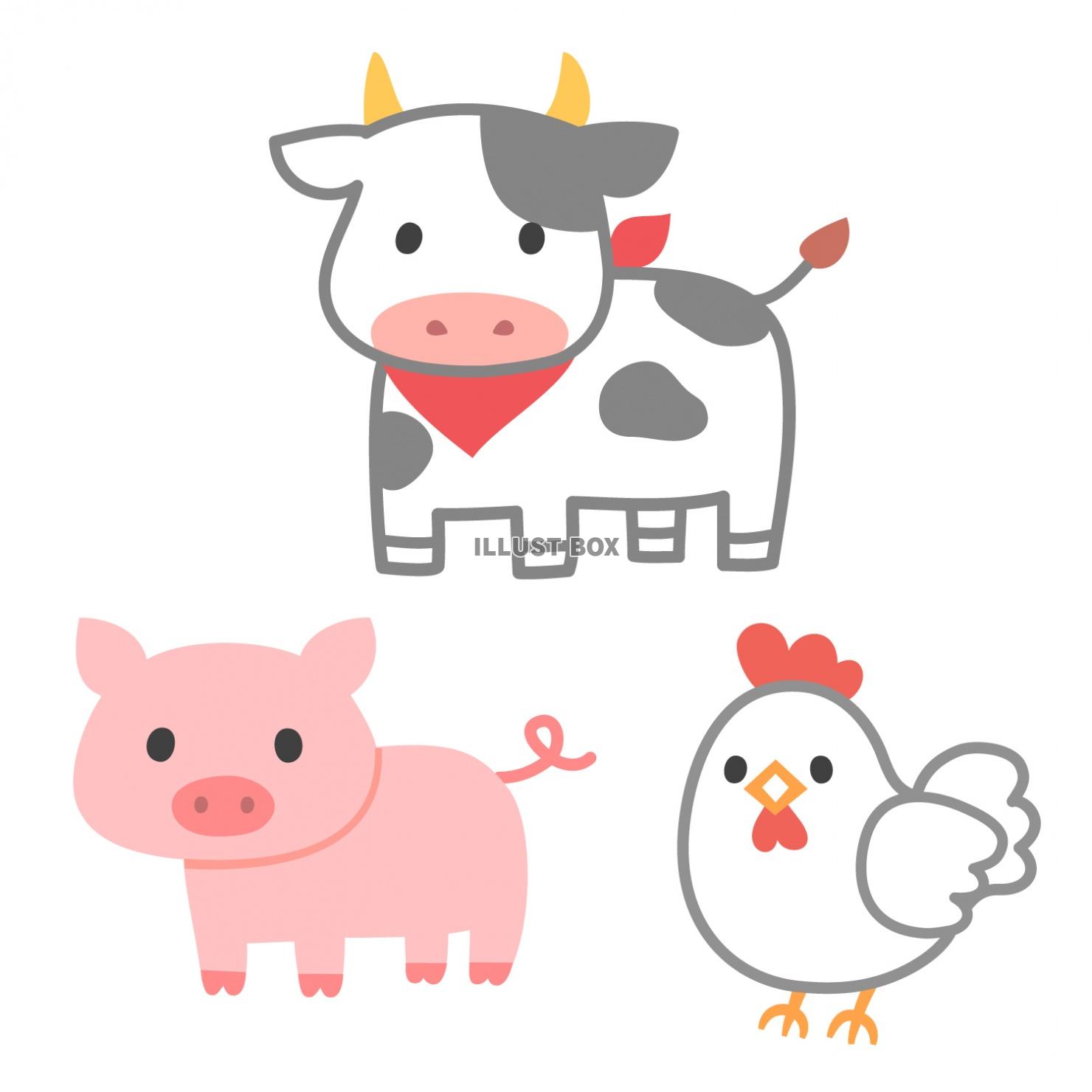 無料イラスト かわいい牛と豚と鶏