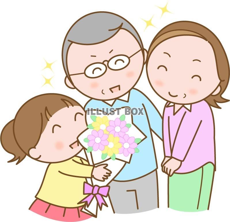 無料イラスト 祖父母に花束を渡す孫