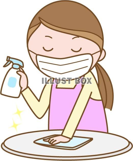 無料イラスト 消毒液で机を拭く女性
