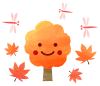 笑顔の紅葉した木と赤とんぼ